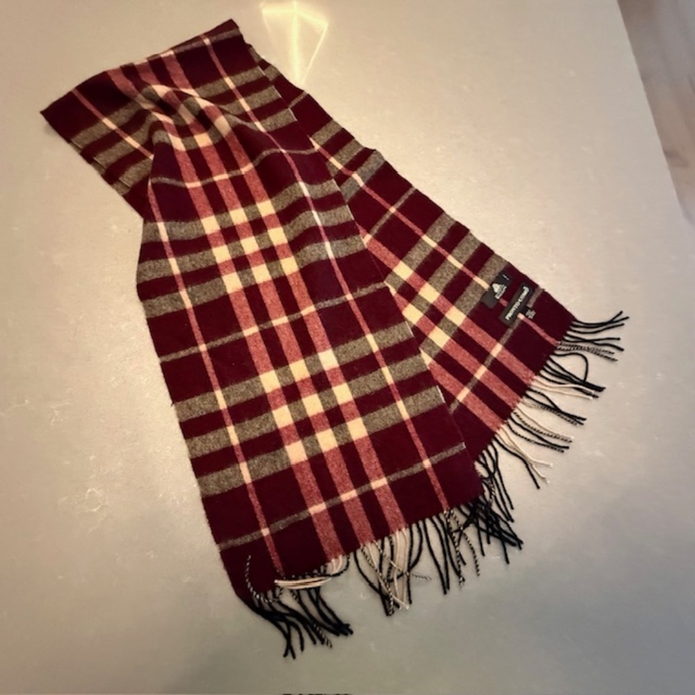Pronto Uomo Plaid 100% Pure Wool Maroon & Tan Check Scarf Men Dry Cleaned